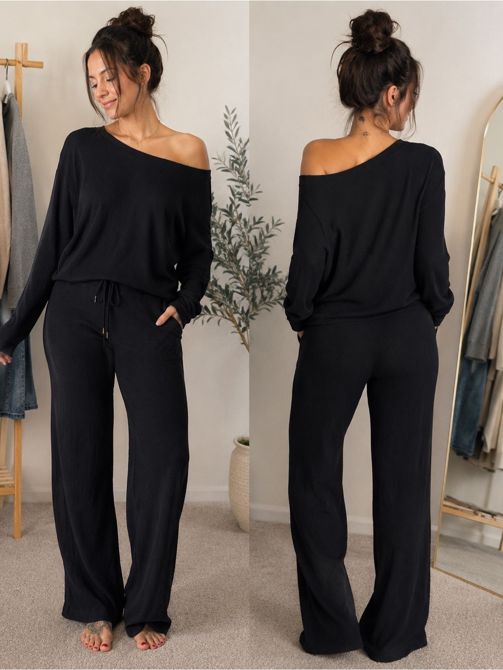 Universal Thread Black Off-Shoulder Wide-Leg Lounge Set